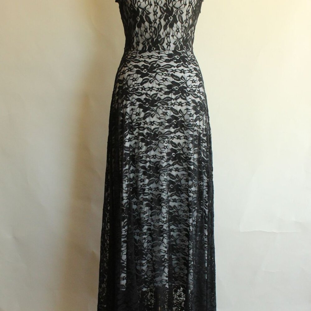 Black Lace Maxi Dress, Hi Lo Sleeveless Gown, Size Large - Picture 2 of 11